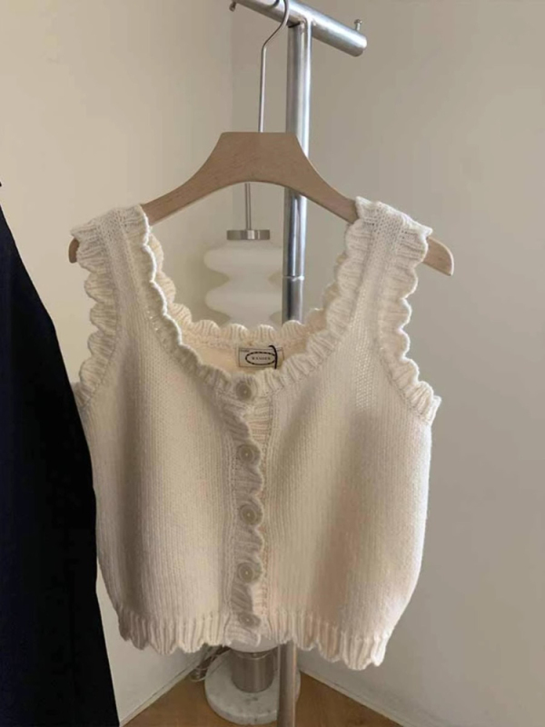 White Chanel-Style Lace Knit Vest Cardigan for Women, Summer Japanese Style, Energetic Girl Layered Sweater Vest Top