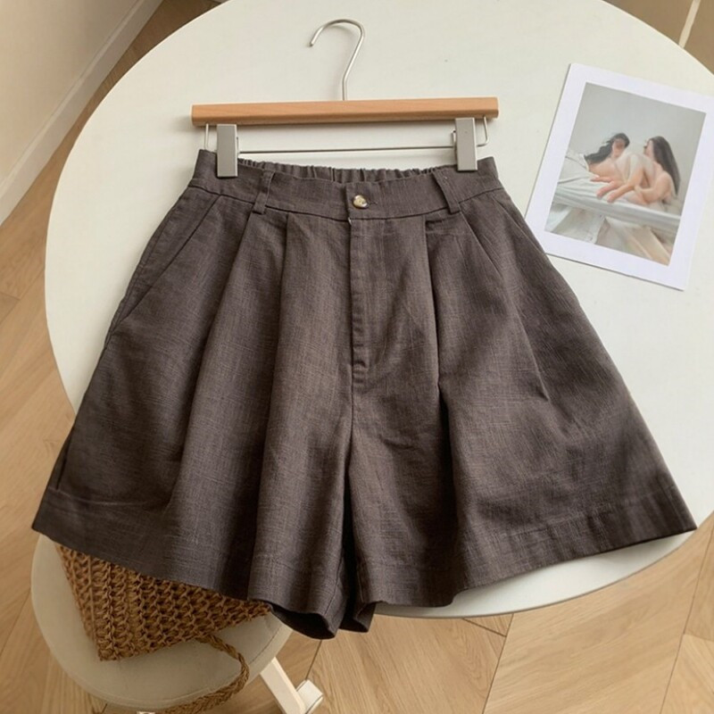 Old Money Style Coffee-Colored Cotton-Linen Casual Suit Shorts for Women, Summer High-Waisted Straight A-Line Wide-Leg Five-Point Shorts for Petite Figures