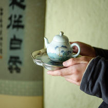 (Early Lotus Hall)Jingdezhen ceramic tea pot Silver hand-painted green landscape small bubble pot