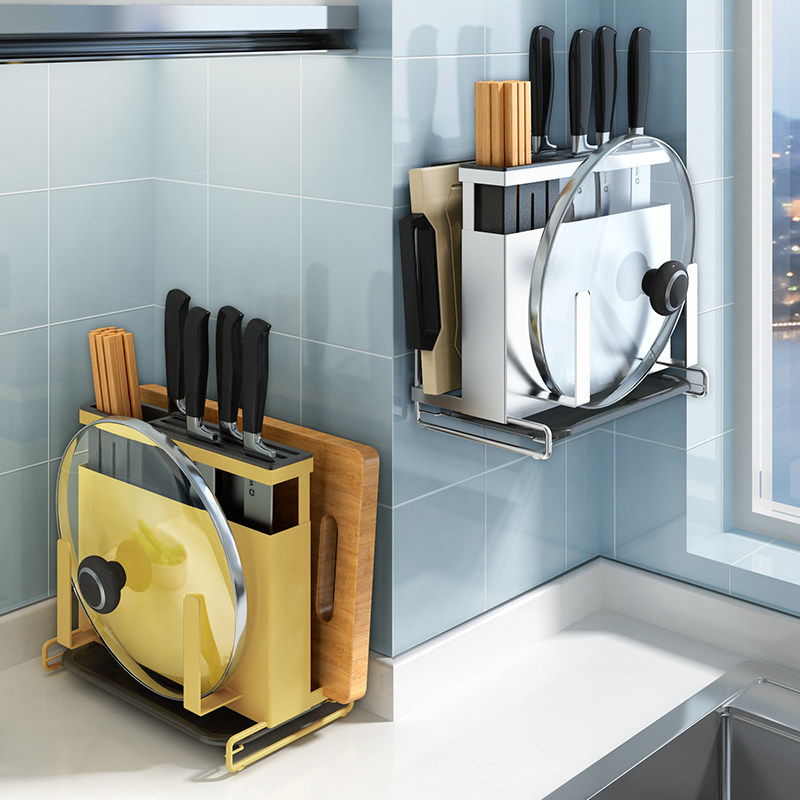 Knife Rack Kitchen Shelf Free Punch Knife Block Stainless Steel Knife Plate Chopsticks Cage Integrated Storage Supplies Put Pot Cover Rack