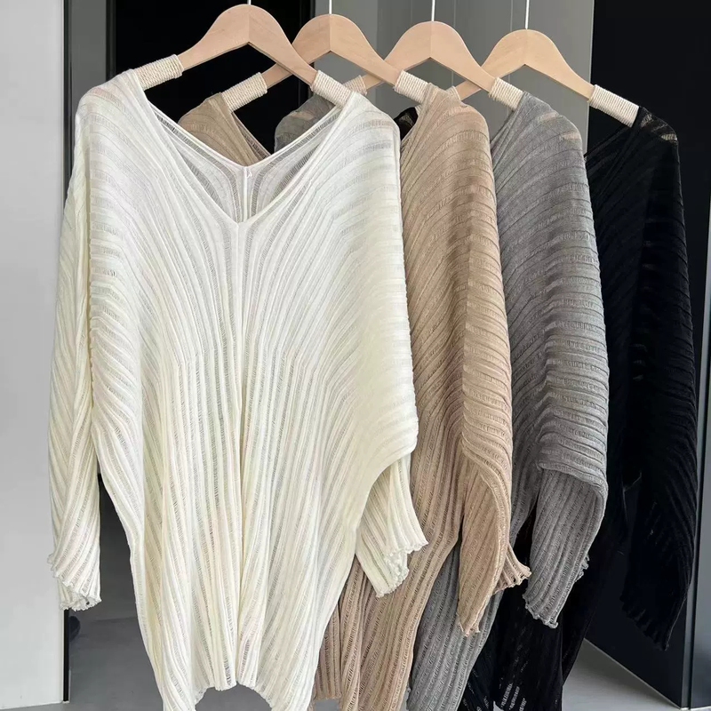 Summer Dark Striped Knit Sweater, Batwing Style, Korean Style Blouse with Hollow Design, Paired with Skirt Top Summer Dark Striped Knit Sweater, Batwing Style, Korean Style Blouse with Hollow Design, Paired with Skirt Top