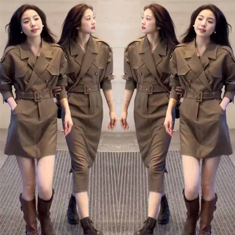 High-End Trendy Fashion Trench Coat Dress for Women, 2023 Autumn Style, Elegant V-Neck Workwear Style, Mid-Length Slimming Dress