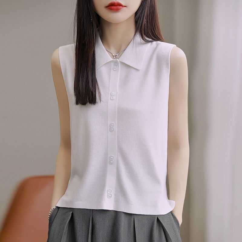 2024 New Spring and Summer Polo Collar Base Shirt for Women, Sleeveless Knitted Vest with a Stylish Design, Suitable for Layering or Wearing Alone 2024 New Spring and Summer Polo Collar Base Shirt for Women, Sleeveless Knitted Vest with a Stylish Design, Suitable for Layering or Wearing Alone