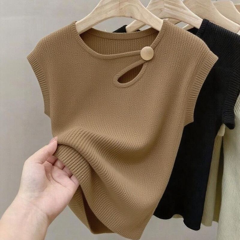 Lazy Style Ice Silk Knit Top for Women, Short-Sleeved Hollow-Out T-Shirt, Summer Thin Loose Versatile Design Top