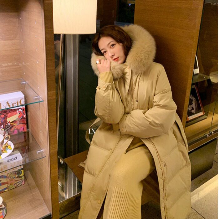 White duck suede yellow large fur collar with cap cashew down for women's winter medium long version over knee thickened windproof coat new