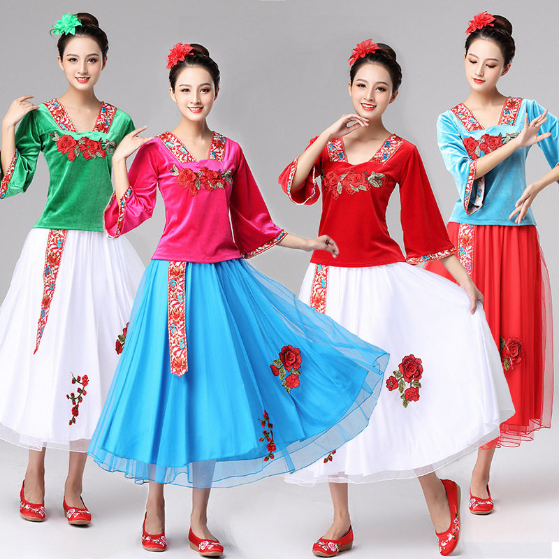 2019 Square Dance Costume Horn Cuff China Wind Embroidery Hanfu Big Swing Dress Mid age performance Out of service