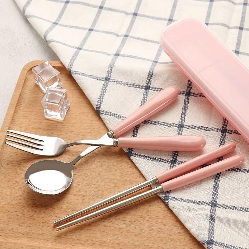 Macaron Color Ceramic Stainless Steel Spoon Chopsticks Fork Tourist Portable Cutlery Three-piece Suit Student Lin