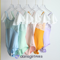 Danshige Ballet Dance Bodysuit Childrens Practice Girls Square Neck Color Matching Butterfly Sleeve Bodysuit