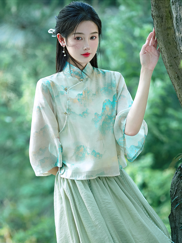 New Chinese-Style Women's Clothing, Chinese-Style Daily Improved Cheongsam Dress Set, Summer Republic of China-Style Hanfu Tea Ceremony Attire