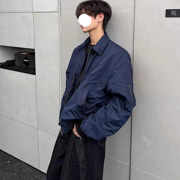 American Retro Navy Blue Bomber Jacket Trendy Brand Autumn and Winter Cotton Clothing Vintage Short Baseball Jacket for Men