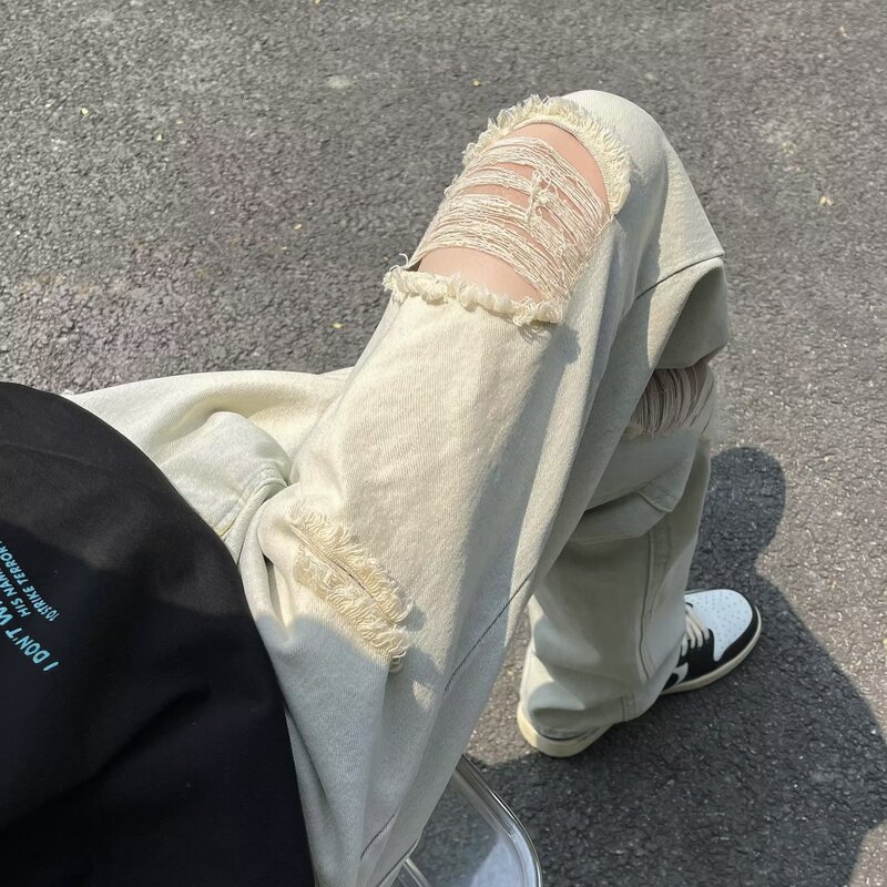 American High Street Style Yellow Mud-Colored Ripped Jeans for Men, Summer Thin Trendy Brand Loose Straight Wide-Leg Casual Long Pants American High Street Style Yellow Mud-Colored Ripped Jeans for Men, Summer Thin Trendy Brand Loose Straight Wide-Leg Casual Long Pants