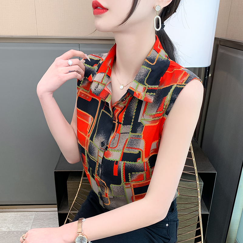 Sleeveless Chiffon Shirt for Women Summer 2022 New Elegant Lapel Shirt Loose Foreign Style Outer Wear Bottoming Vest Top
