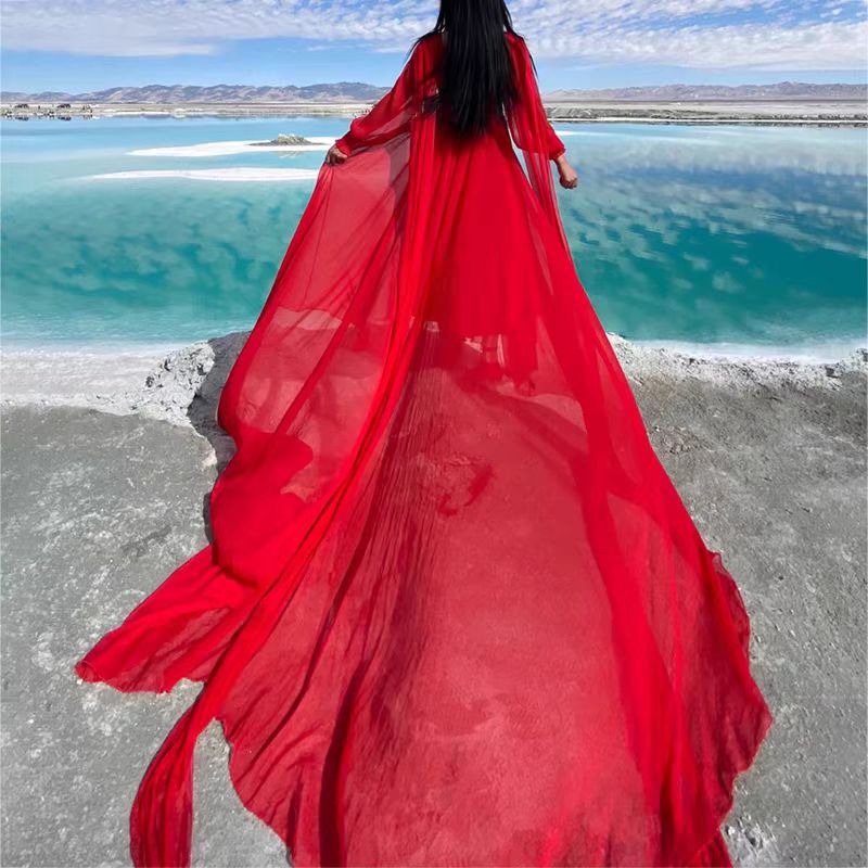 2026 Spring/Summer Imitation Silk Dress Fairy Beach Vacation Beach Dress Red Extra Long Trailing Dress for Photoshoots