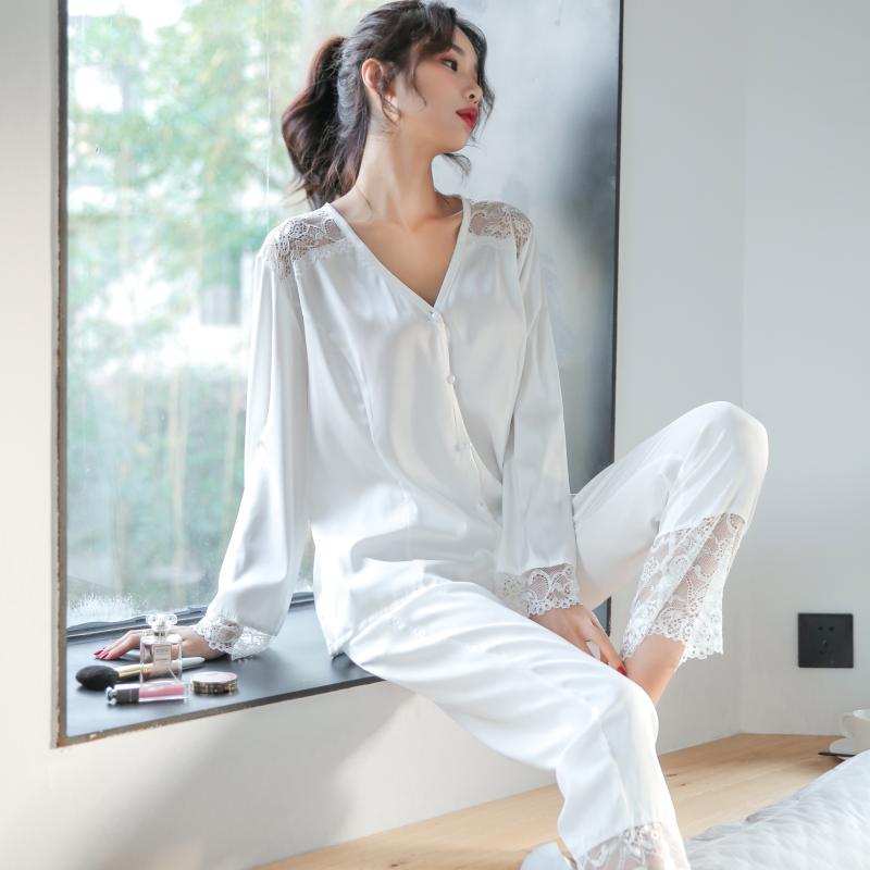 2020 pajamas women's spring and autumn ice silk long-sleeved red natal year women's autumn and winter cardigan net red same style suit home