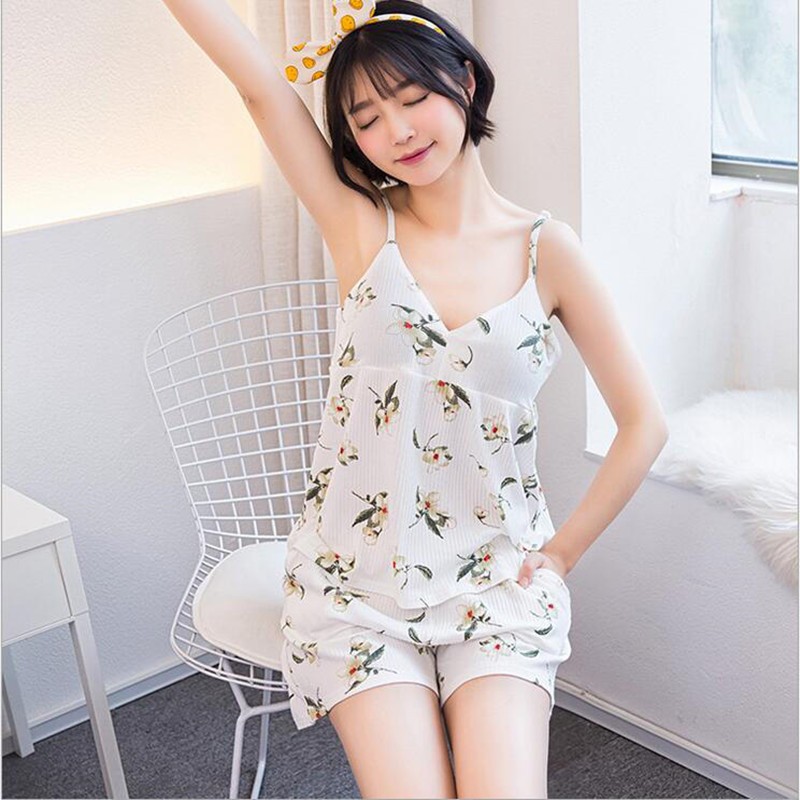 Pajamas Summer Sweet Lovely Sexy Line with Pure Cotton Two-piece Band Paddle Easy Cotton Home Clothes