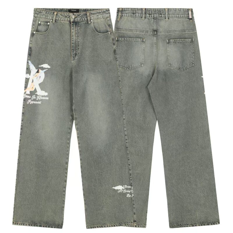 Represent 23Ss Angel Cloud Letter Print Jeans High Street Loose Fit Unisex Casual Long Pants Trend