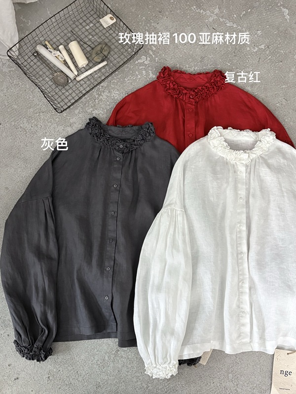 Japanese-Style Autumn New Arrivals, Retro Literary Palace-Style Linen Lace Collar Shirt, Versatile and Slimming