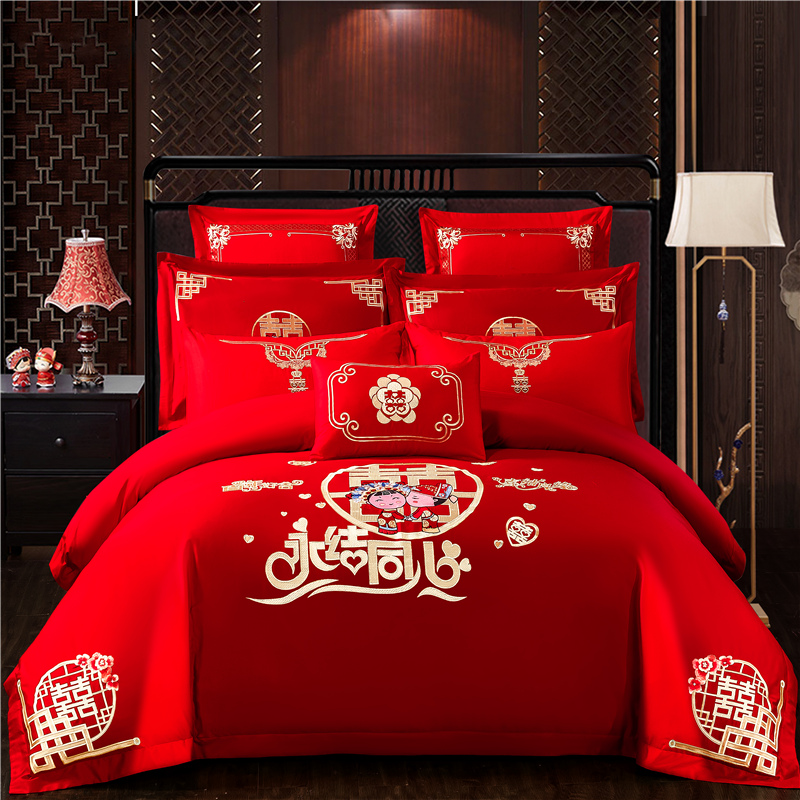 Man Crystal Home Textiles official flagship store cotton wedding embroidery big red four-piece cotton wedding quilt