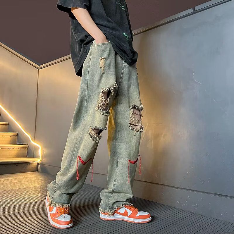 Vintage Ripped Jeans for Men, Summer Thin High-Street Distressed Straight-Leg Pants, ins Trendy Hong Kong Style Wide-Leg Trousers