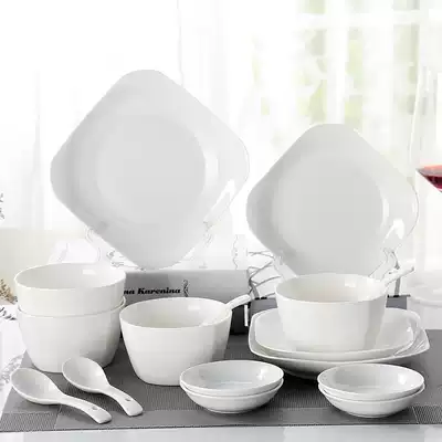 Pure white dish set Household square ceramic tableware Japanese Chinese simple dish set