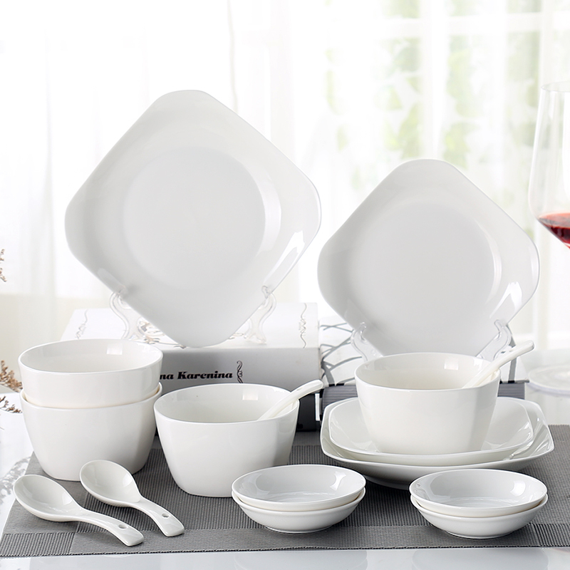 Pure White Bowl and Plate Set, Household Square Ceramic Tableware, Japanese and Chinese Style Simple Bowl and Plate Set