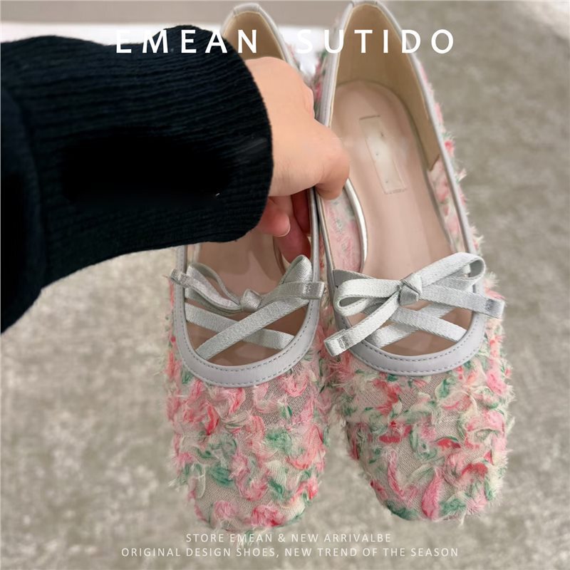 Japanese-Style Niche Floral Square-Toe Mary Jane Shoes for Women, 2026 Spring/Summer New Mesh Bowknot Chunky Heel Ballet Flats