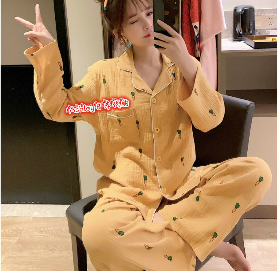 Japanese GP Autumn Winter Pure Cotton Pyjamas Pants Women's Style Carrots Printed LONG SLEEVE SHIRT SUIT HOME CONSERVED