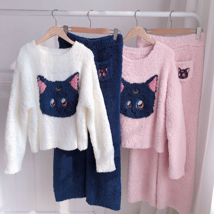 Japan GP autumn and winter cat warm pajamas thickened coral plush home clothes long-sleeved suit women's models