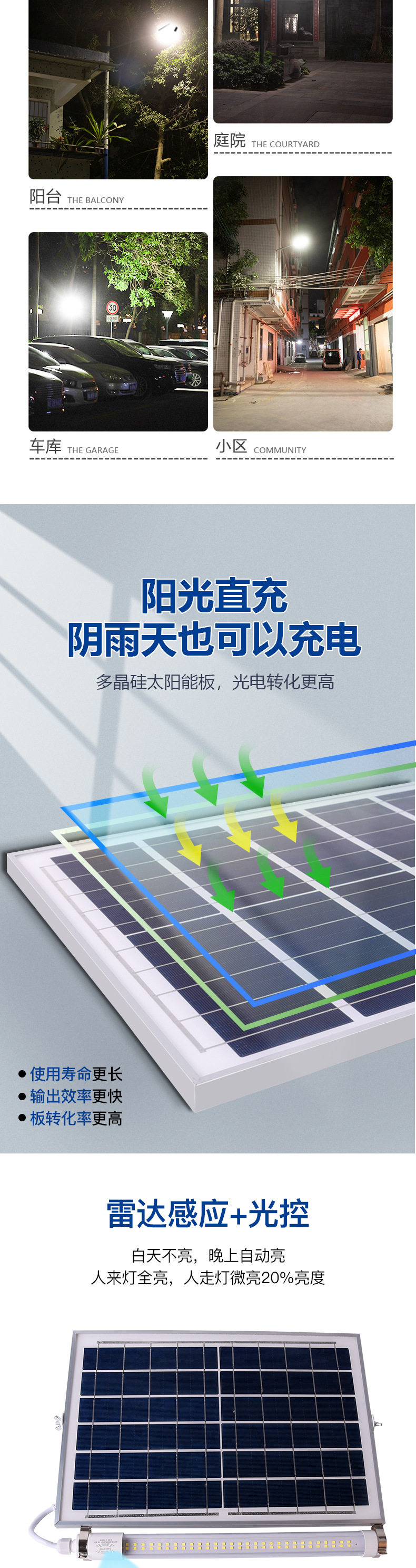 Открытый стене 太阳能一体式日光灯管户外防水人体雷达感应t8投射灯管庭院照明灯