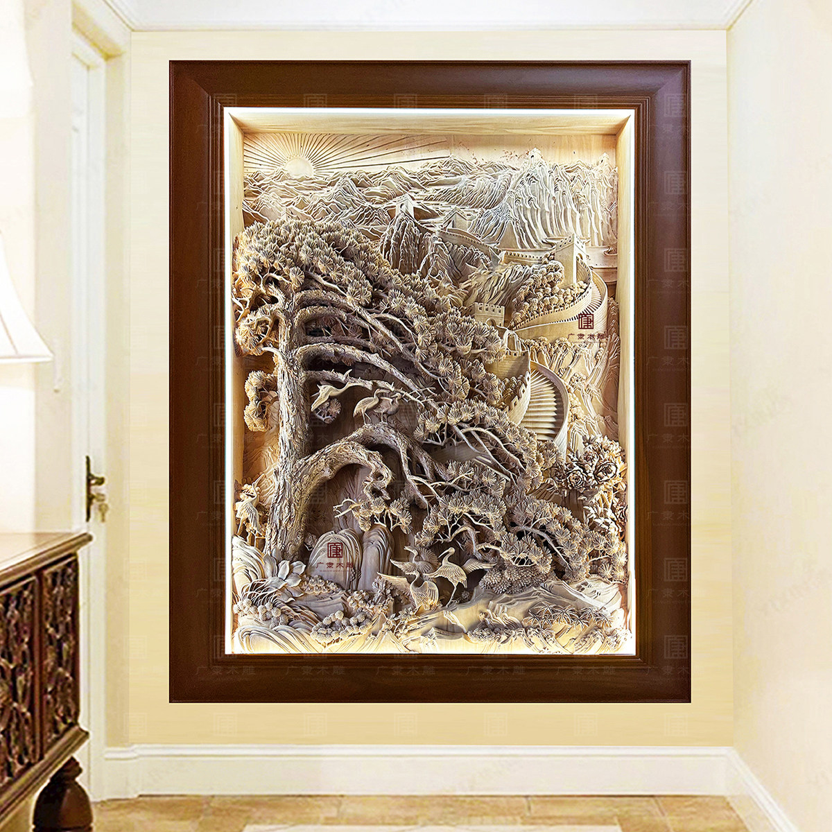 东阳木雕松鹤长青锦绣中华木雕背景墙中式实木玄关屏风手工雕刻-淘宝网