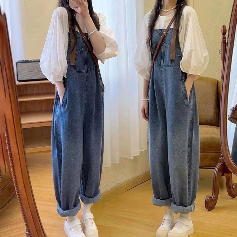 Summer Plus-Size Women's Clothing for Chubby Girls, Slimming and Tummy-Concealing Puff Sleeve Shirt, Thin Denim Overalls Set
