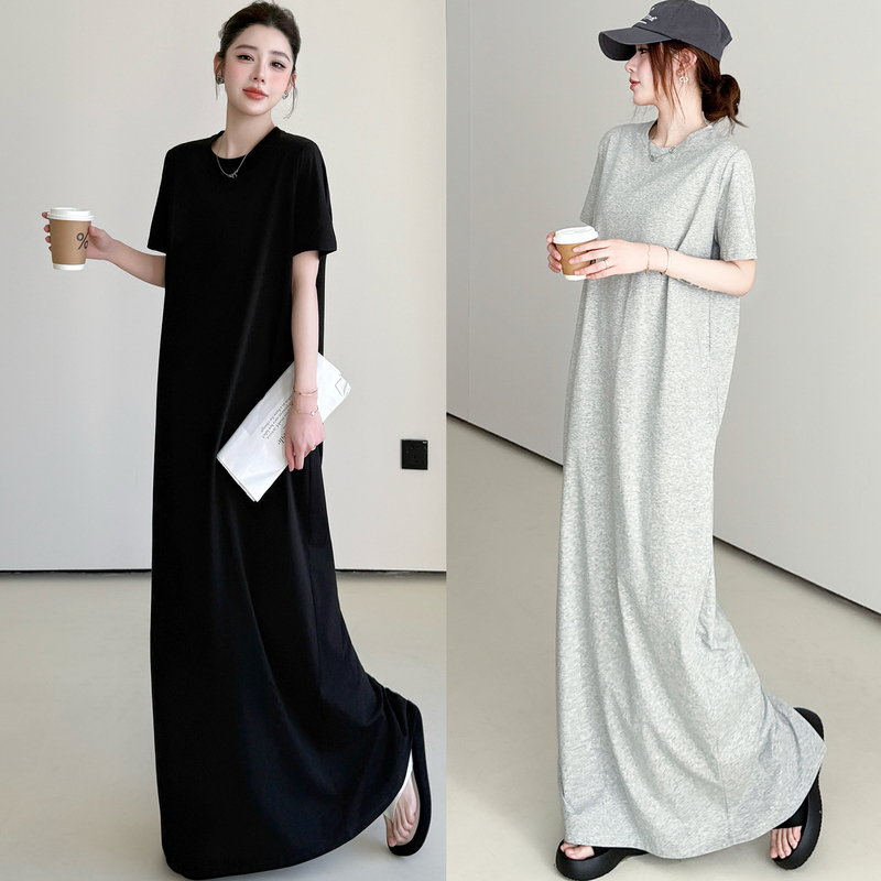 Summer Plus-Size Women's Clothing for Fat Girls, Slimming and Belly-Covering, French-Style Simple and Lazy Dress, Loose Long Over-The-Knee T-Shirt Dress