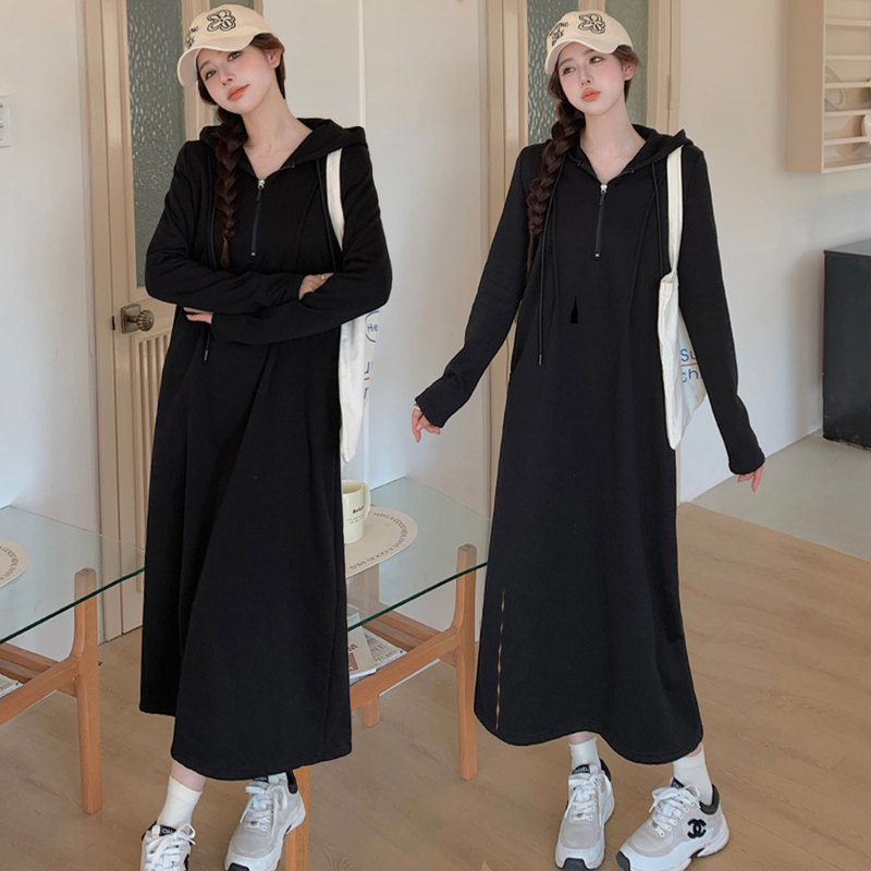 Plus Size Women's Clothing Autumn and Winter New Style Loose Slimming Hooded Sweatshirt Dress Outerwear Base Layer Over-The-Knee Long Skirt