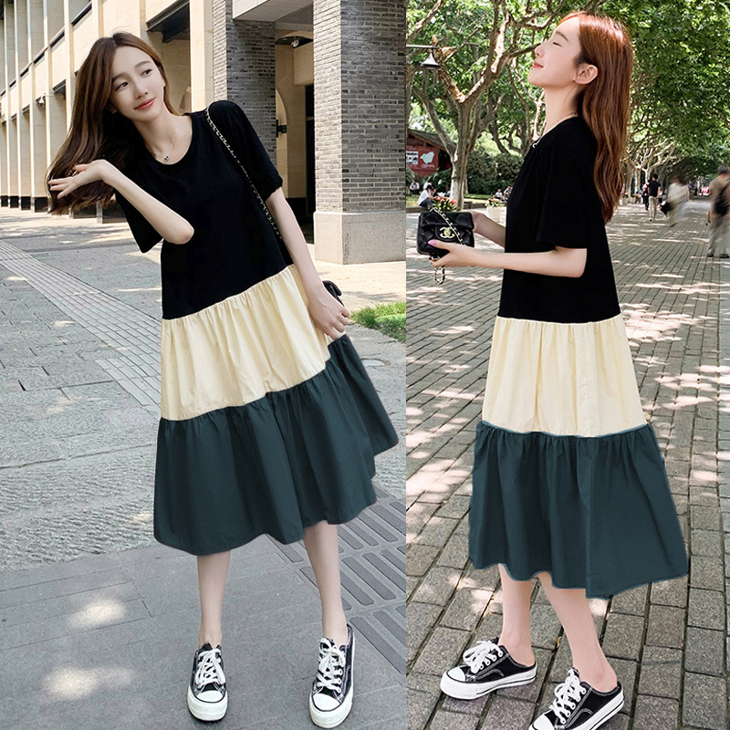 Plus Size Women's Spring and Summer New Style Slimming Color-Blocked Short-Sleeve Dress That Hides Flaws T-Shirt Dress 100kg