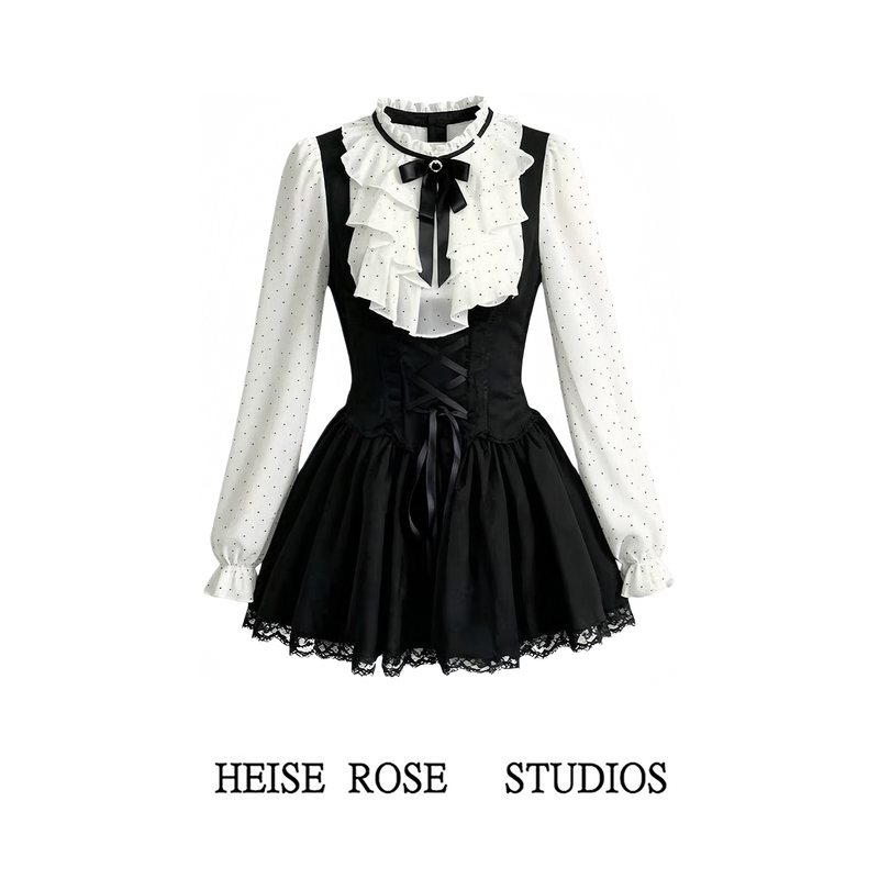Classic Doll-Style French Waist-Cinching Polka Dot Faux Two-Piece Elegant Long-Sleeve Dress for Women, Autumn Slimming Puffy Dress Classic Doll-Style French Waist-Cinching Polka Dot Faux Two-Piece Elegant Long-Sleeve Dress for Women, Autumn Slimming Puffy Dress