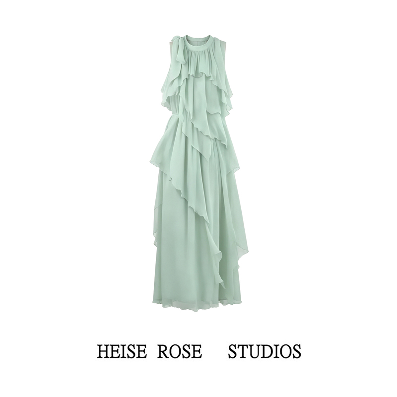 Mint Green Halter Neck Dress for Women, Summer 2026 New Style, Vacation Style Chiffon Ruffle, Elegant Waist-Cinching Slimming Long Dress