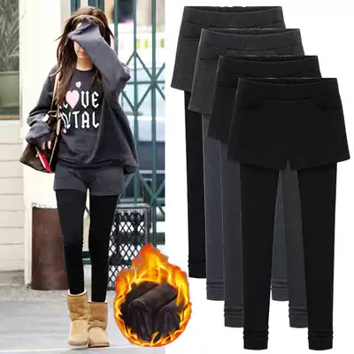 Hong Kong counter 2021 autumn and winter outer wear tight plus velvet inner pants large size all-match thin women's pants fake two-piece shorts