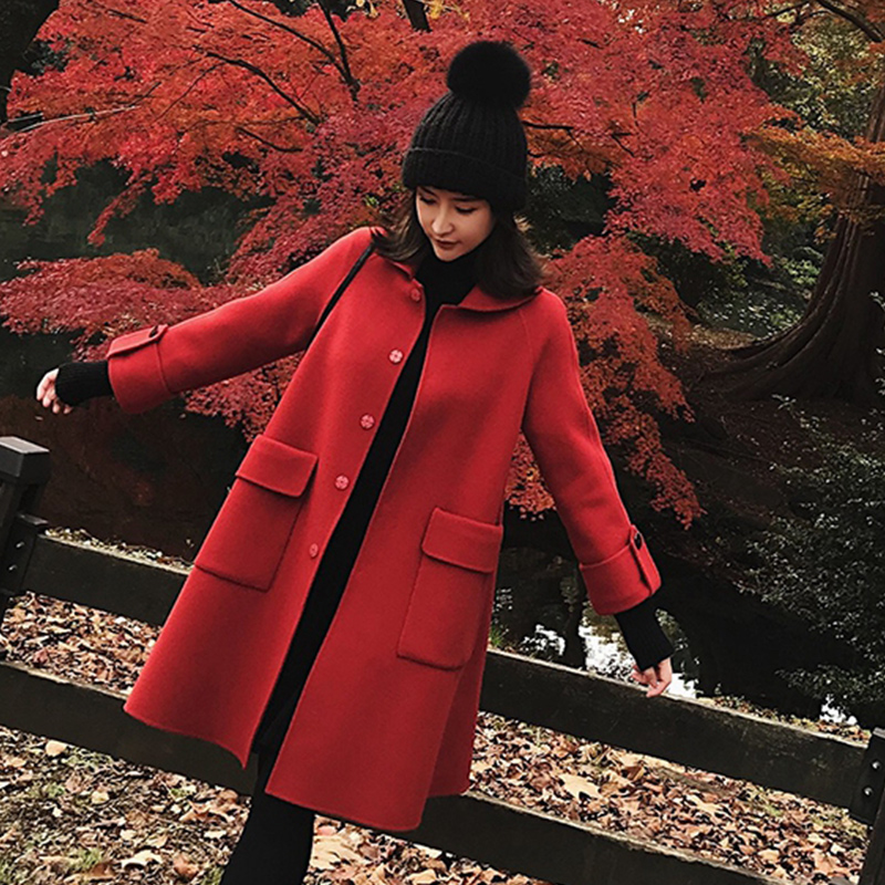 Hong Kong counter 2020 autumn and winter new red wool coat medium and long version of the coat temperament wind thickened wool coat female