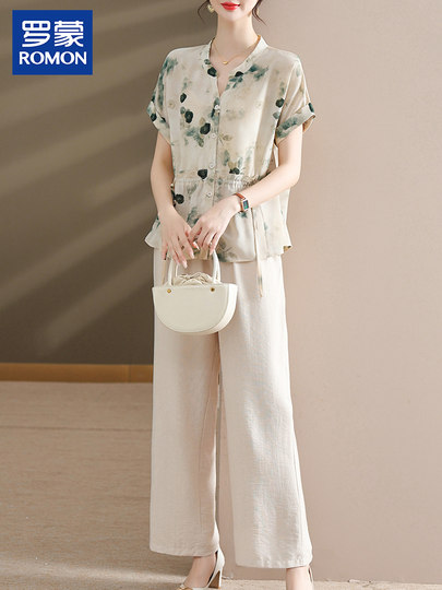 罗蒙中年妈妈夏装套装2025新款时尚中老年女装花色休闲两件套薄款