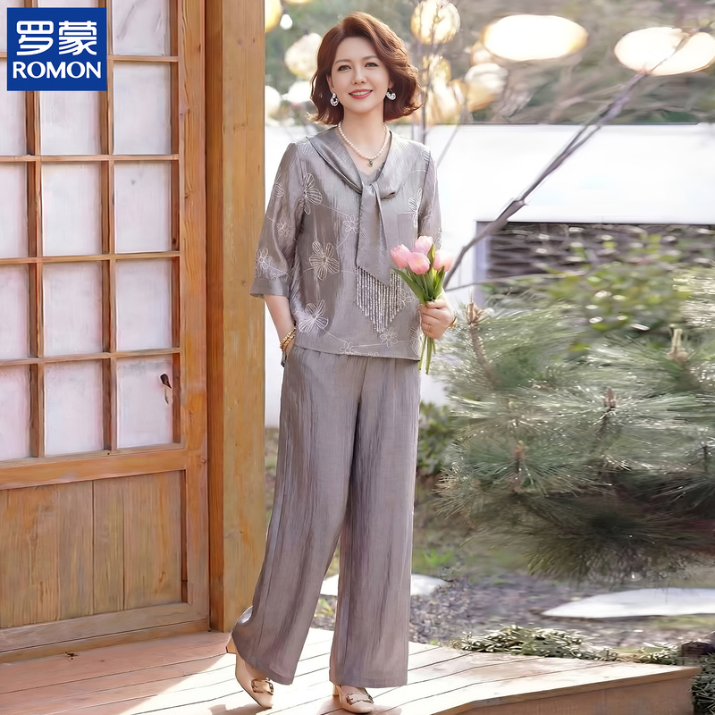Romon Mother's Day Summer Outfit Set for Moms, Elegant and Stylish Middle-Aged and Elderly Women's Clothing, Three-Quarter Sleeve Top, Fashionable Two-Piece Set