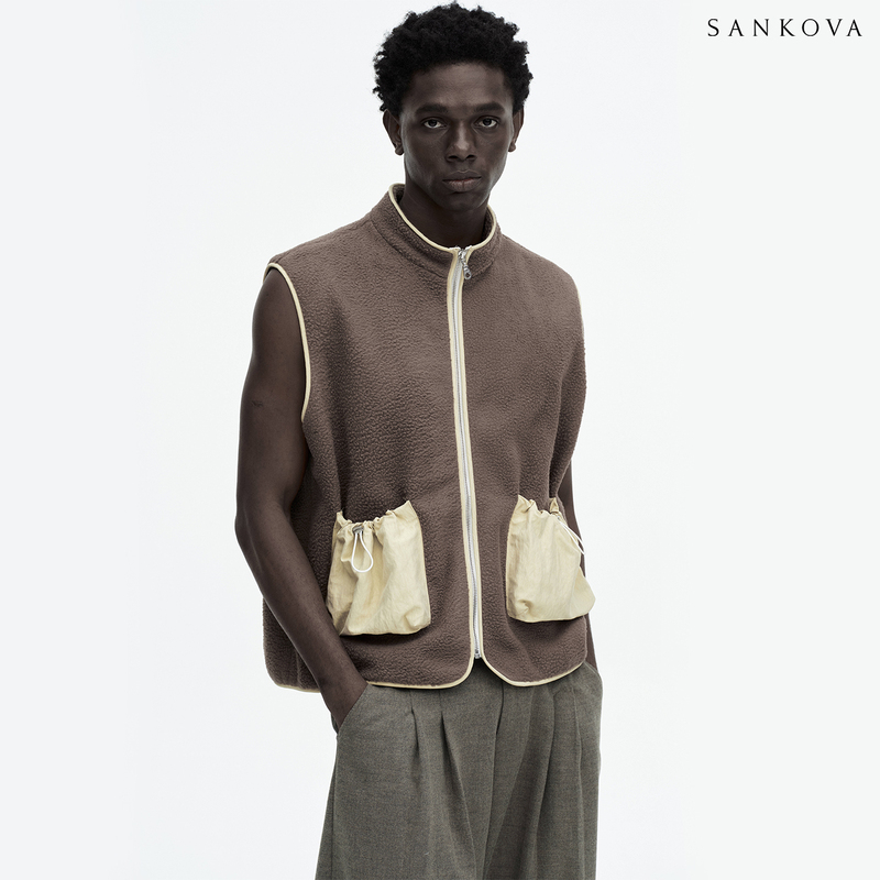 Sankova Color-Blocked Drawstring Pocket Fleece Vest, Autumn and Winter Style, Loose Zipper Sleeveless Vest Jacket