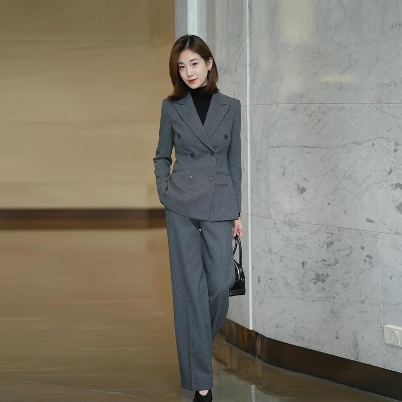 Winter Warm High-End Fabric Gray Suit Set Meeting Formal Slim Fit Professional Commuting Straight-Leg Pants for Women