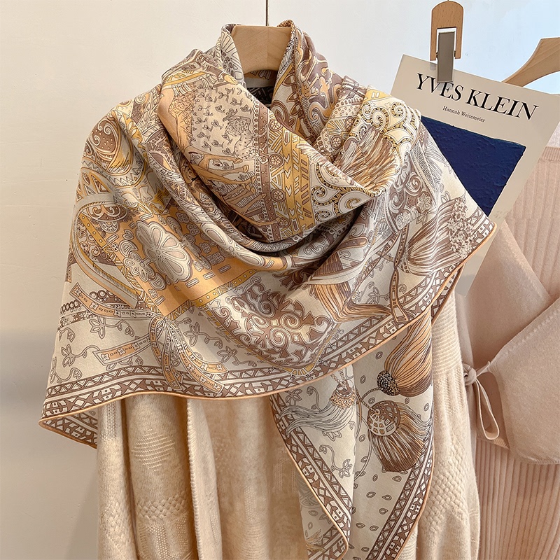 Cream-Colored Silk Wool Large Square Scarf for Women 2026 New Style High-End Silk Scarf Silk Wool Air-Conditioning Shawl for Outerwear