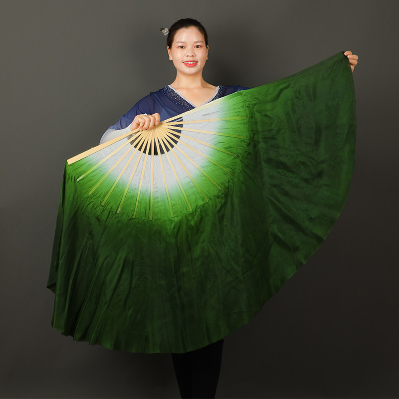 Real Silk Lengthened Dance Fan Bifacial Ink Green Progressive color Dance Seedlings Song Fan Square Dance Competition Performance Classical Dance