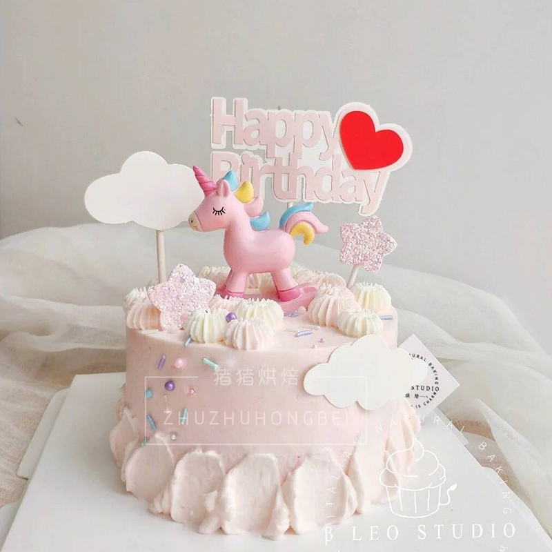 Baking cake decoration colorful unicorn little girl baby pink girl heart dessert table plug-in accessories card