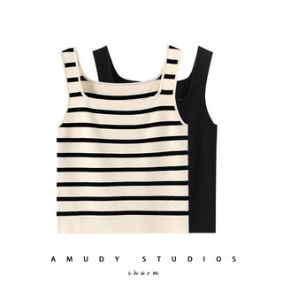 Amudy2025 Summer New Style Comfortable and Breathable 14S Striped Square Neck Sleeveless Knitted Camisole Women's Base Layer Inner Vest
