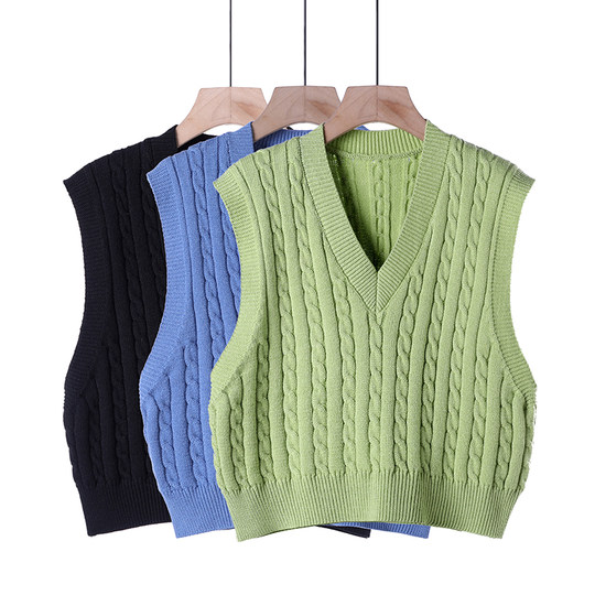 Twist short sweater vest for women solid color V-neck sleeveless loose thick knitted bottoming vest with trendy vest