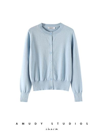 High-density 100% cotton round neck classic cardigan top 2025 spring and autumn outer sweater navy blue sweater for women