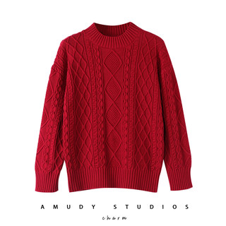 100% Cotton Red Sweater for Women, Autumn and Winter, Half Turtleneck, Vintage Twist Pattern, Outerwear, Lazy Style, New Year, Zodiac Year, Knitted Sweater