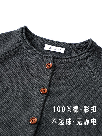 AMUDY retro style 100% cotton non-pilling knitted cardigan for women dark gray wooden buttons thickened roll collar sweater